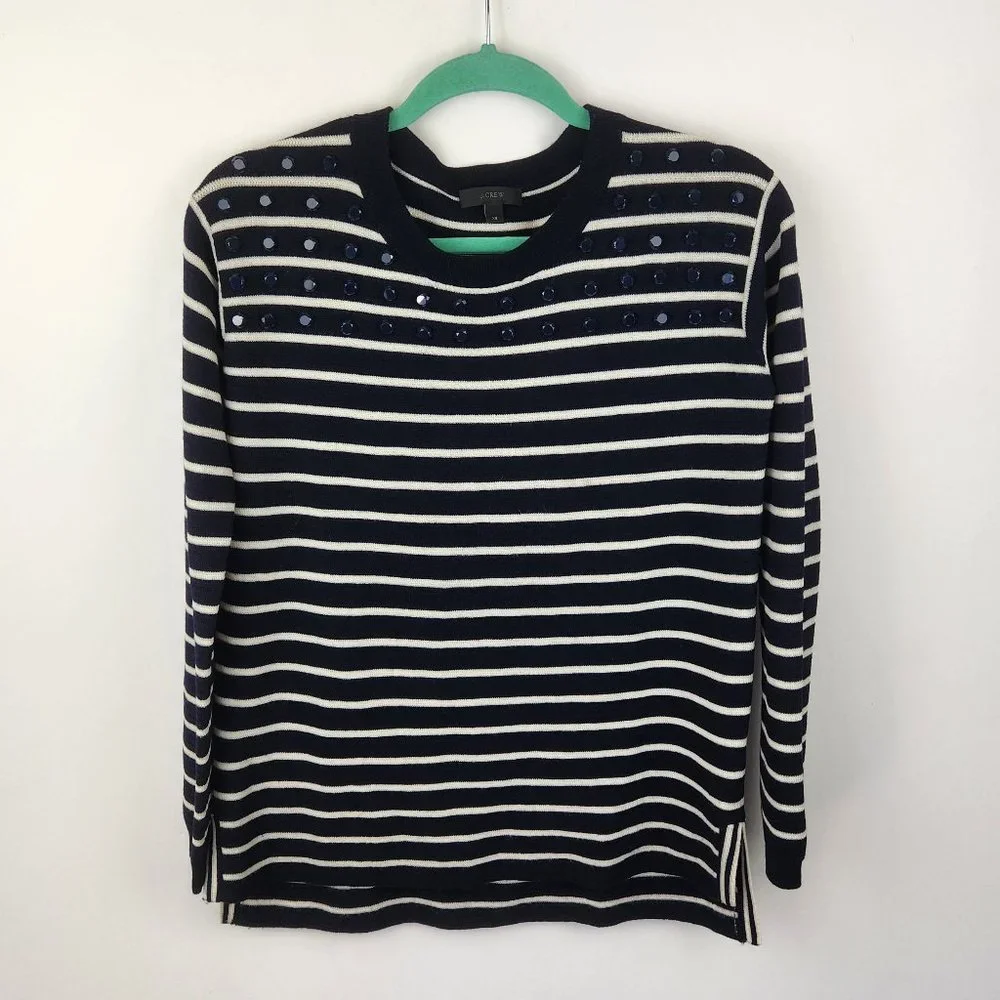 J. Crew 100% Merino Wool Navy White Stripes Embellished Crewneck Sweater sz XS